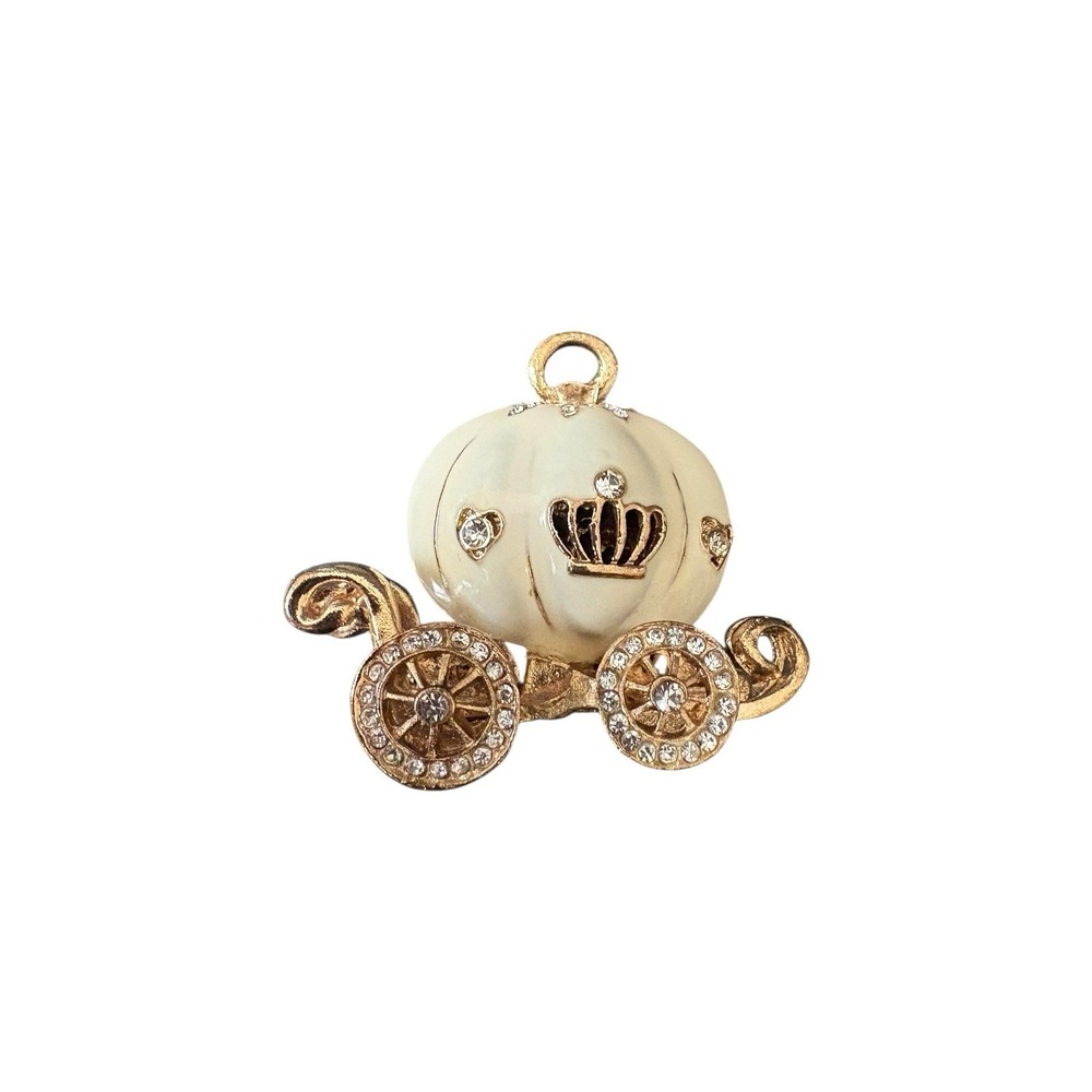 Gold Tone Pumpkin Carriage Princess Charm Pendant Rhinestone Crown 2" Fairytale